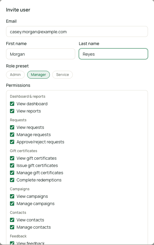 Add user dialog showing role presets: Admin, Manager, and Service