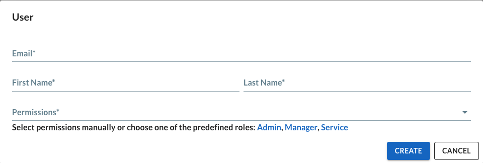 Add user dialog showing role presets: Admin, Manager, and Service