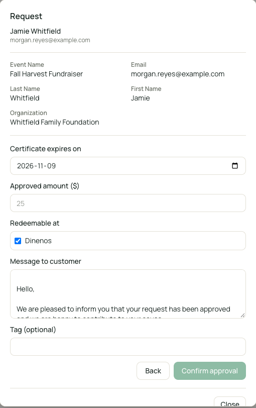 Approve request form with expiration date, approved amount, redemption locations, message to requester, and tag fields