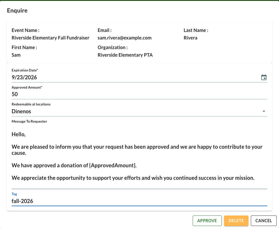 Approve request form with expiration date, approved amount, redemption locations, message to requester, and tag fields