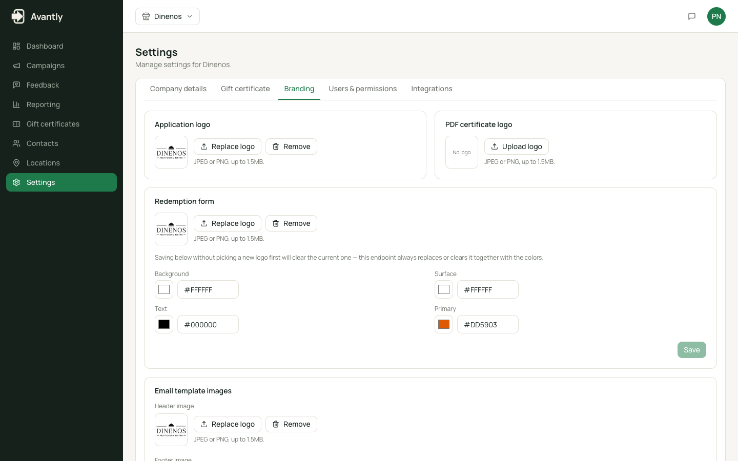 Branding settings page with logo upload and color pickers for the request form, redeem form, email template, and PDF certificate
