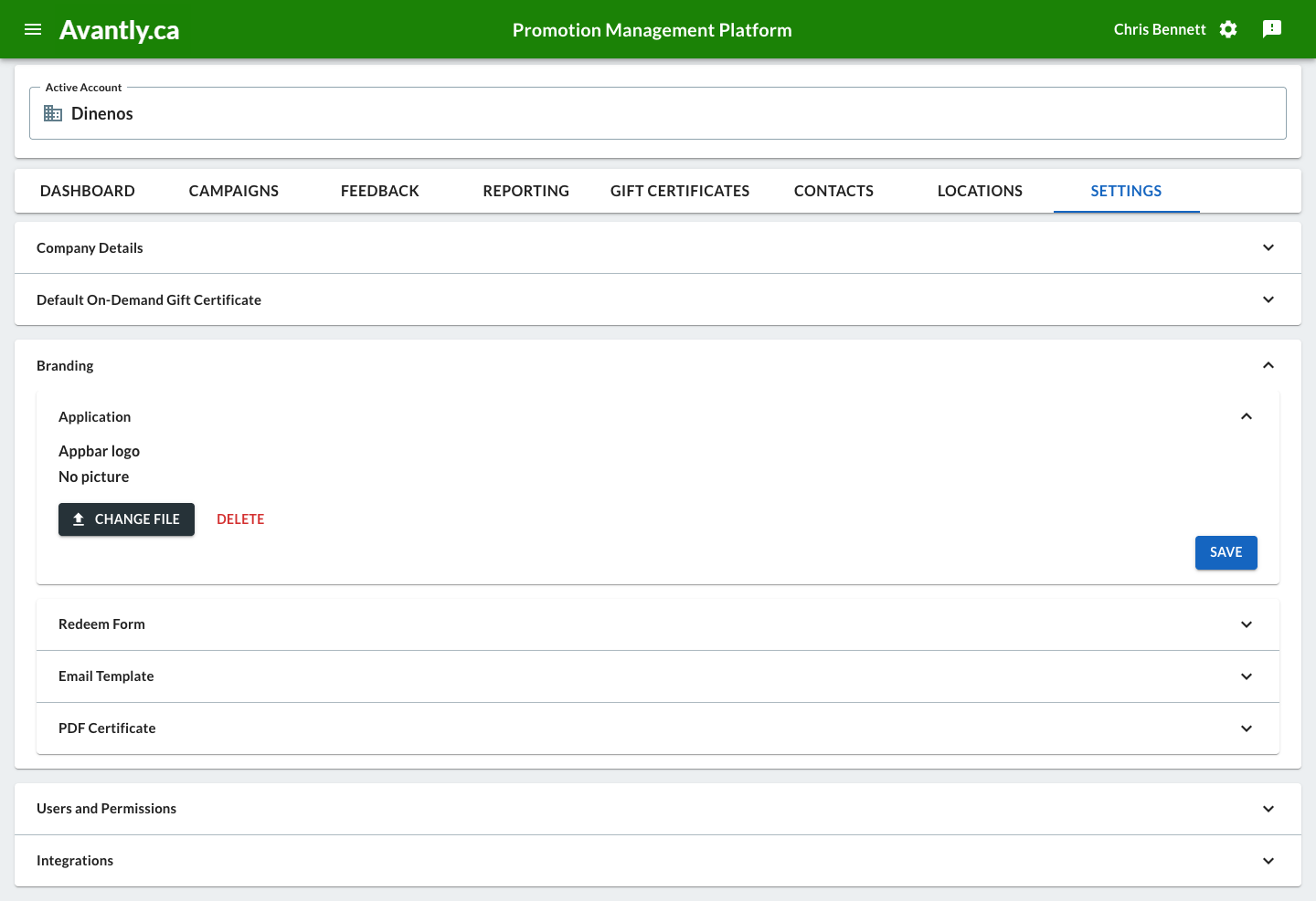 Branding settings page with logo upload and color pickers for the request form, redeem form, email template, and PDF certificate
