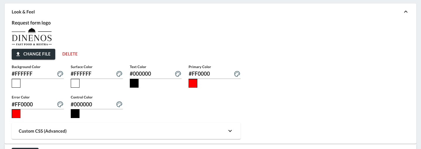 Campaign-level Look & Feel section with logo upload and color pickers overriding the account default