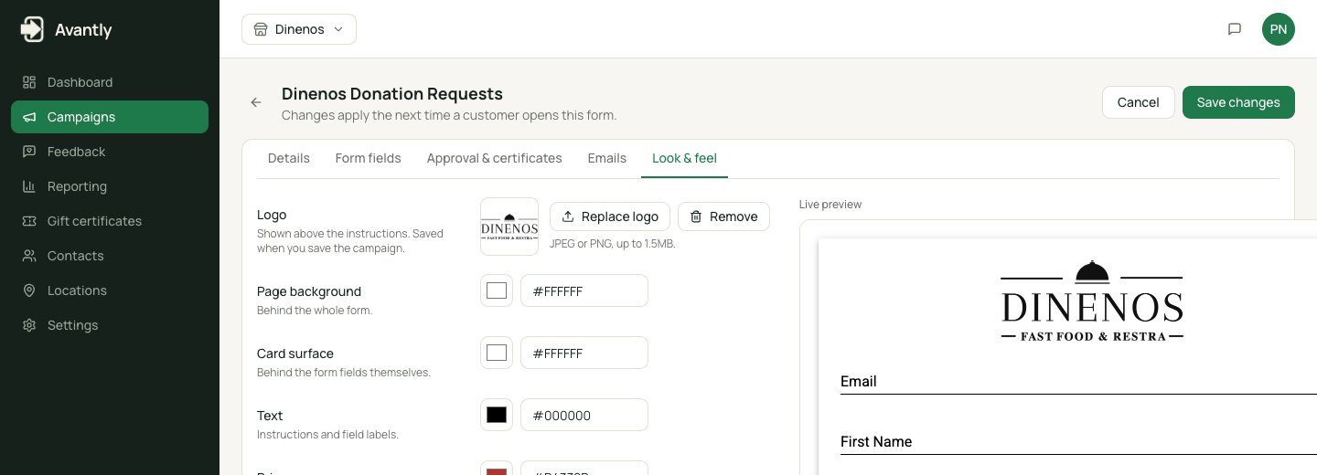 Campaign-level Look & Feel section with logo upload and color pickers overriding the account default