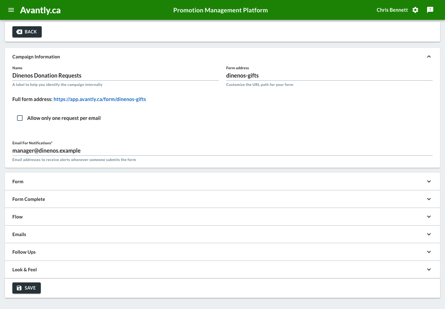 Campaign edit page with sections for Campaign Information, Form, Form Complete, Flow, Emails, Follow Ups, and Look & Feel