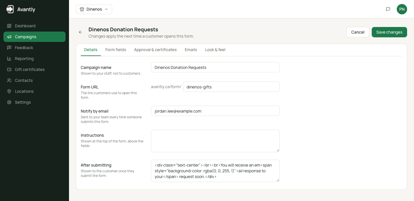 Campaign edit page with sections for Campaign Information, Form, Form Complete, Flow, Emails, and Look & Feel