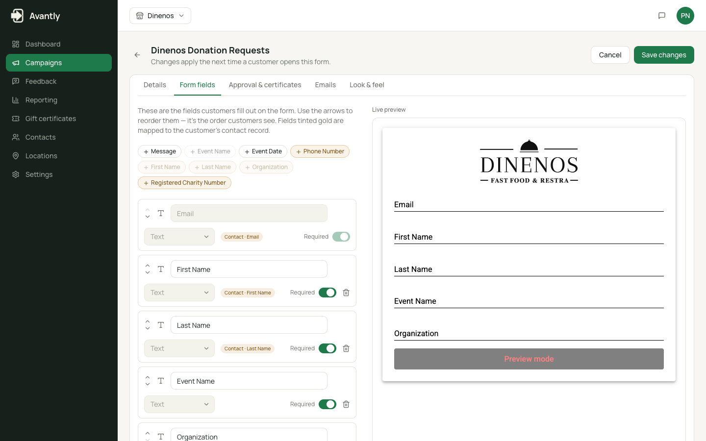 Form builder tab showing a list of donation request form fields with a live preview panel showing the campaign's branding