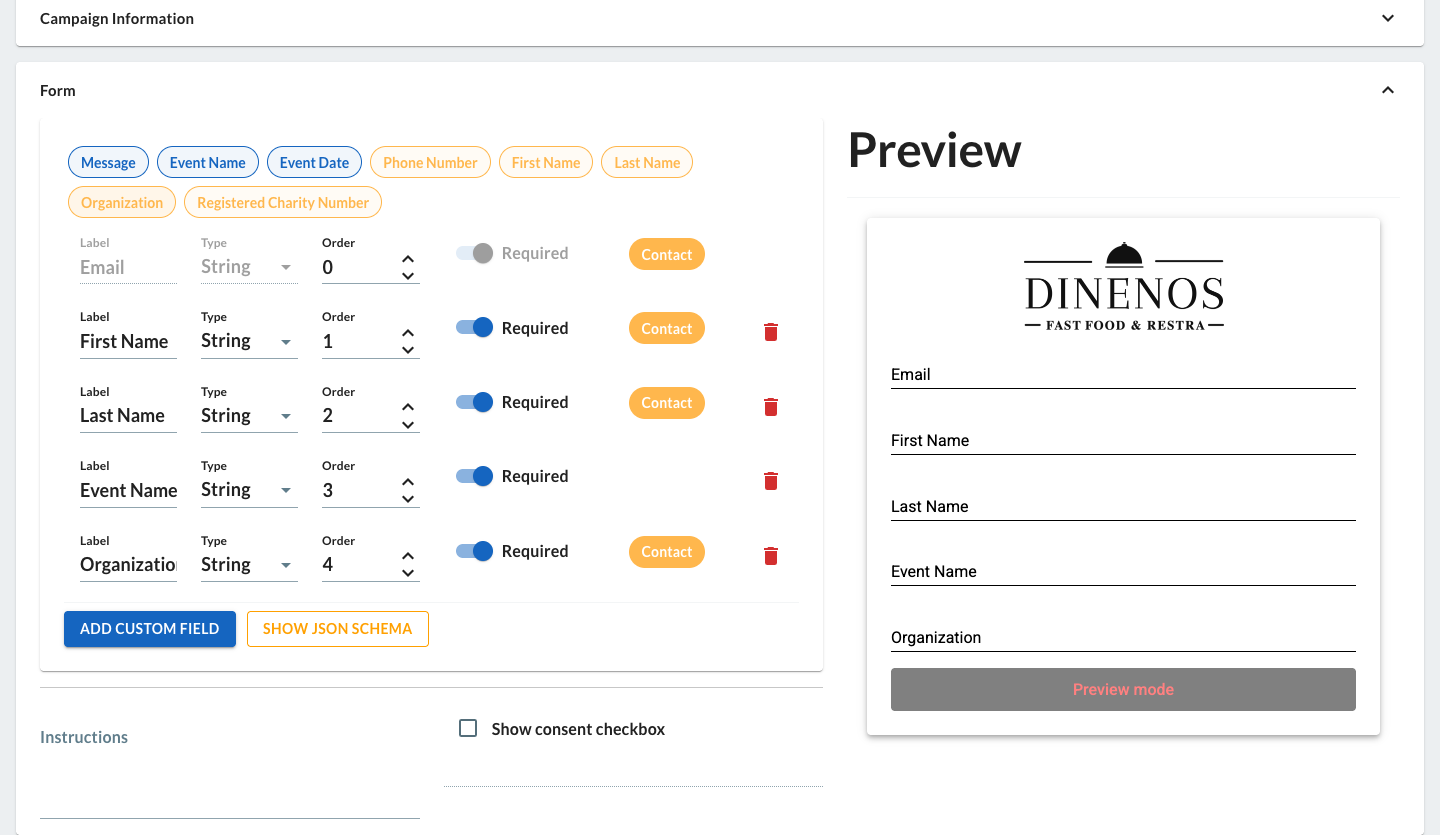 Form builder tab showing a list of donation request form fields with a live preview panel showing the campaign's branding