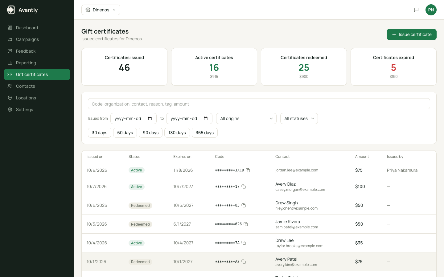 Certificates page showing a list of issued gift certificates with their status and remaining amount