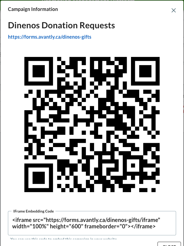 Campaign information dialog showing the public link, QR code, and iframe embed snippet