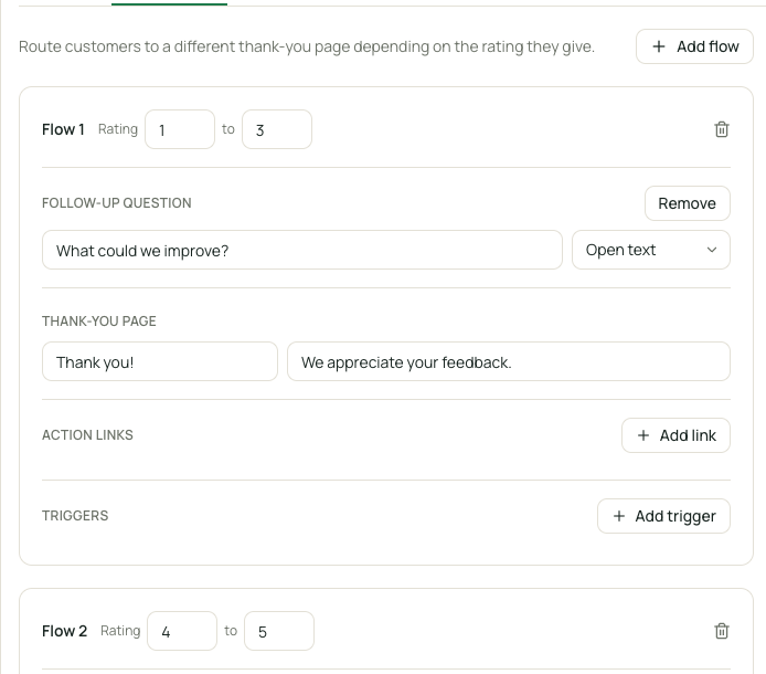 Feedback survey configuration page showing rating bands and their follow-up actions