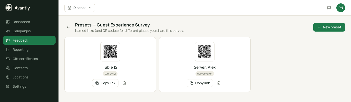 Presets page for a feedback survey with a list of named presets and their QR codes