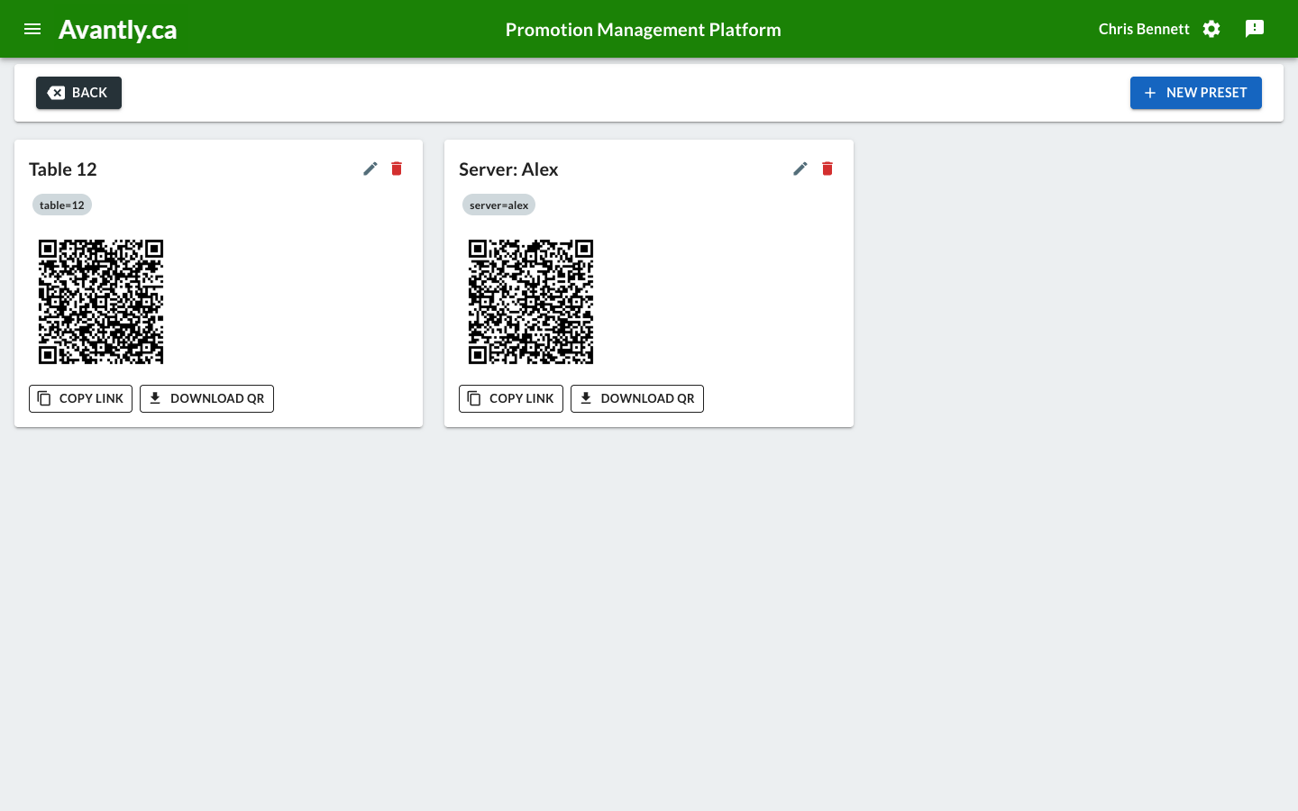 Presets page for a feedback survey with a list of named presets and their QR codes