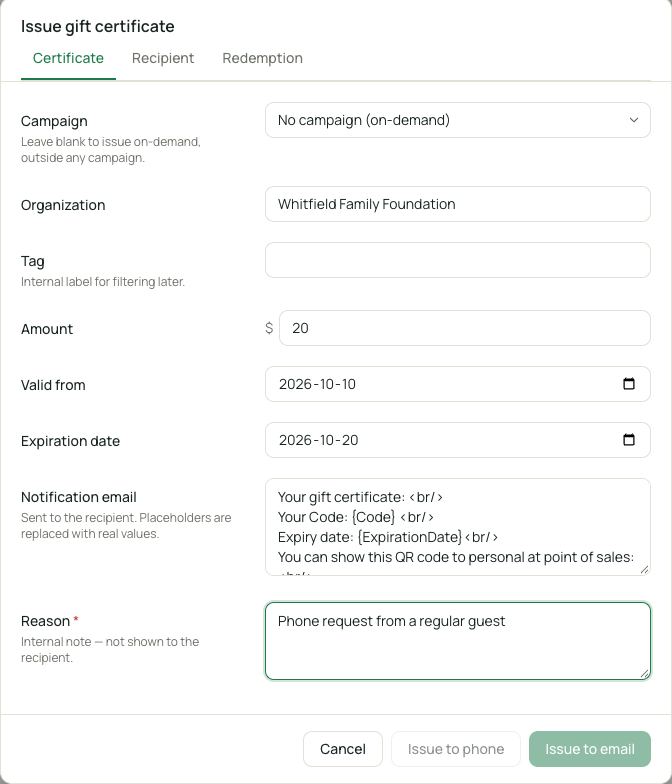 Issue Gift Certificate dialog with fields for campaign, organization, tag, recipient, amount, validity, and notification email