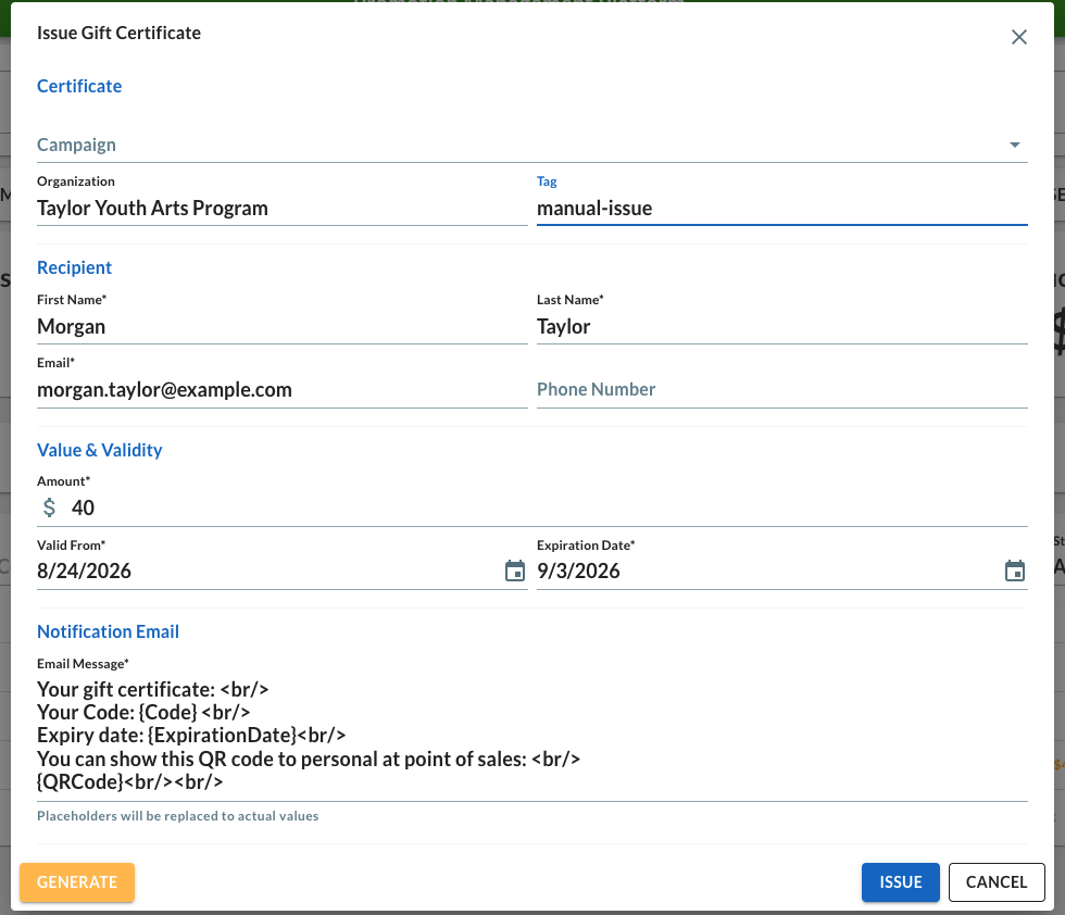 Issue Gift Certificate dialog with fields for campaign, organization, tag, recipient, amount, validity, and notification email