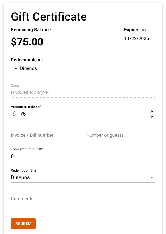 Redeem page with a certificate code field, and lookup results showing remaining amount and validity