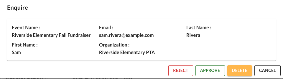 A donation request open, showing requester details and Approve/Reject/Delete buttons